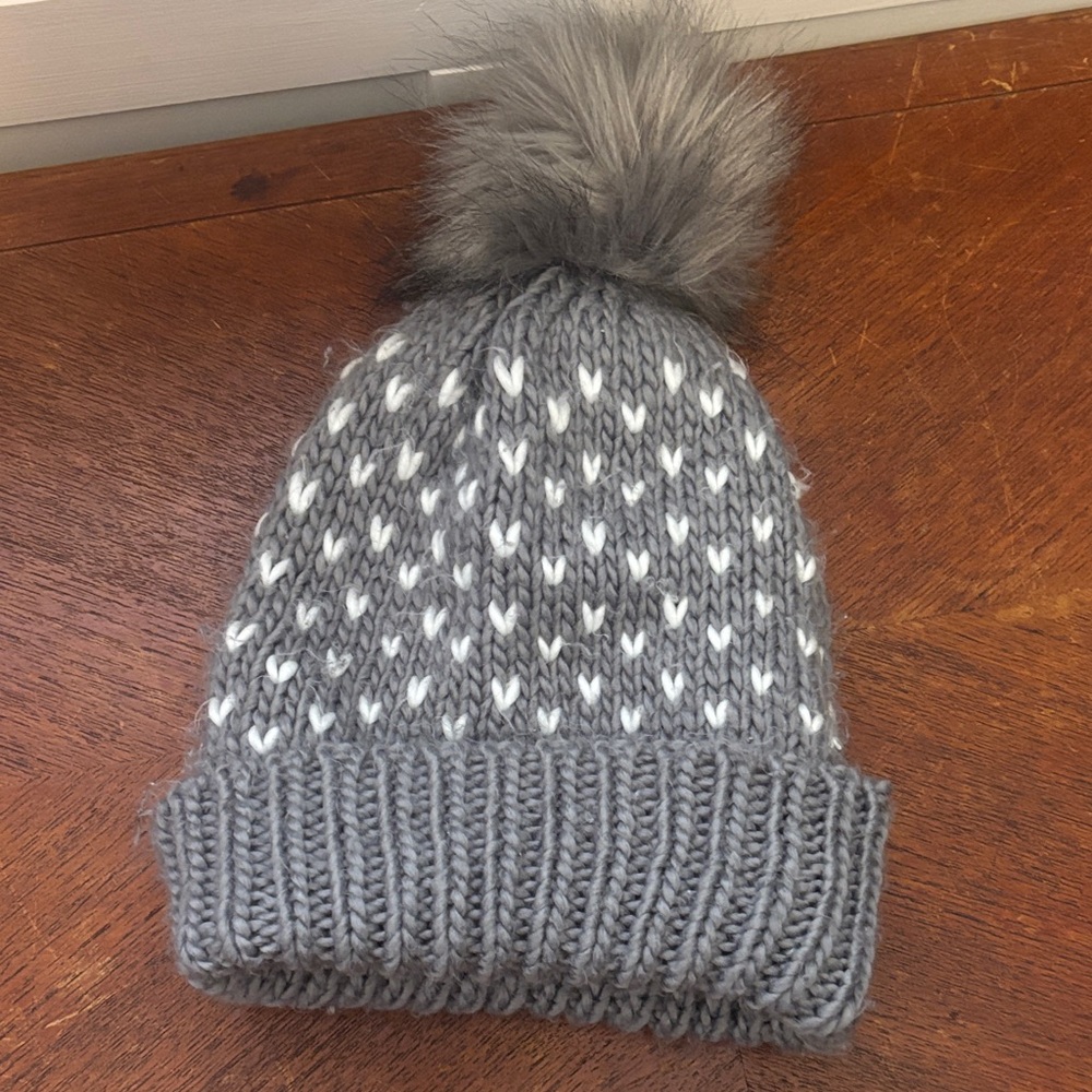 Gray Hearts Knit Pom Pom Snow Hat